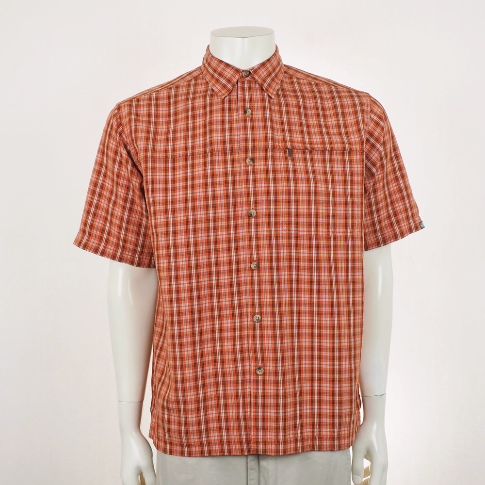 The North Face Button Down Shirt Mens Medium Orange Plaid Outdoor Hiking Tech